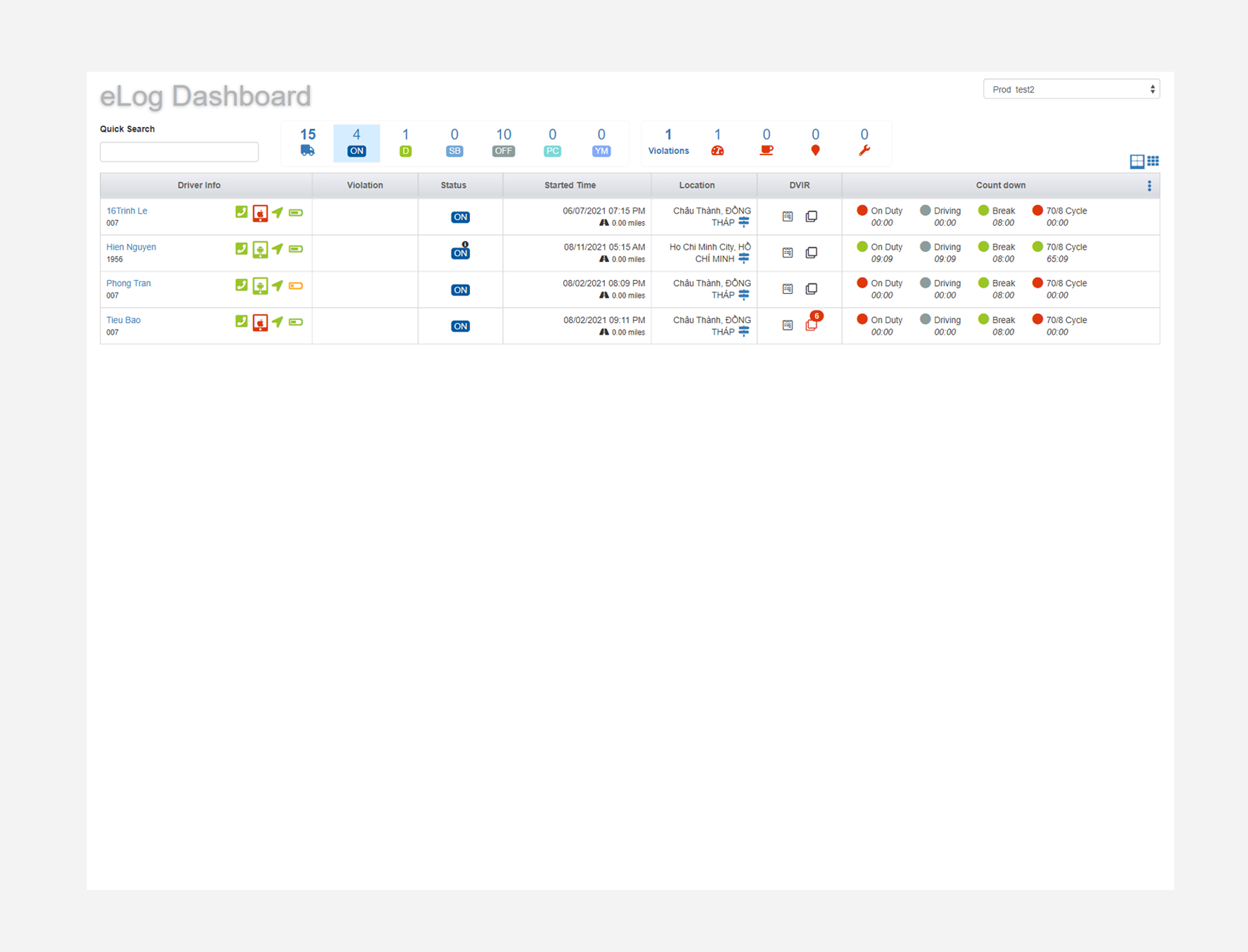 Screenshot of eLogs showing drivers status
