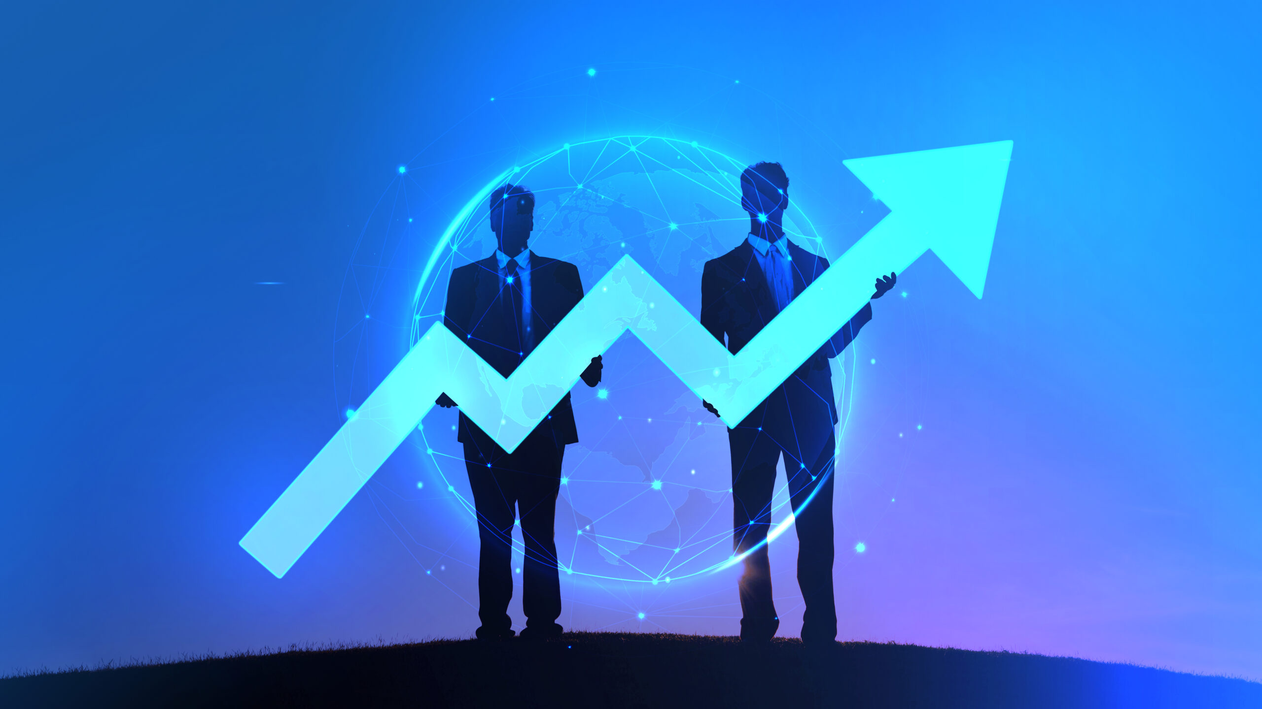 Two Businessmen holding the increase graph on the hill