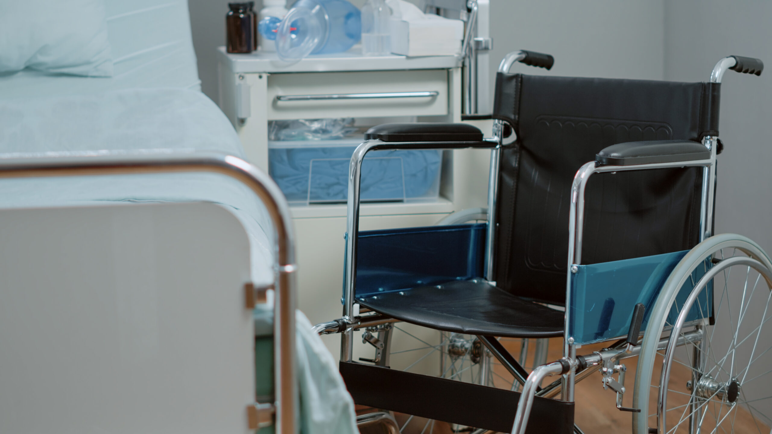 Close up of wheelchair in hospital ward for healthcare