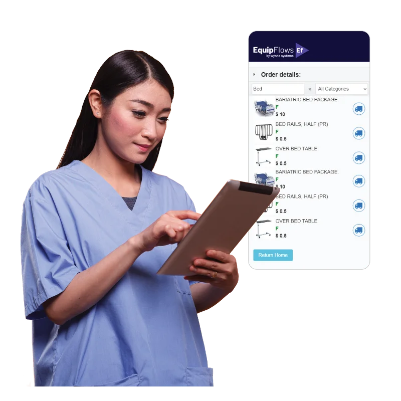 Nurse on tablet using medical equipment management software